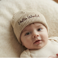 KW122: Baby Embroidered Hello World Knitted Hat- Beige (Newborn -3 Months)
